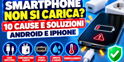 Smartphone con batteria scarica, cavo USB-C, caricabatterie e simboli per risolvere i problemi di ricarica
